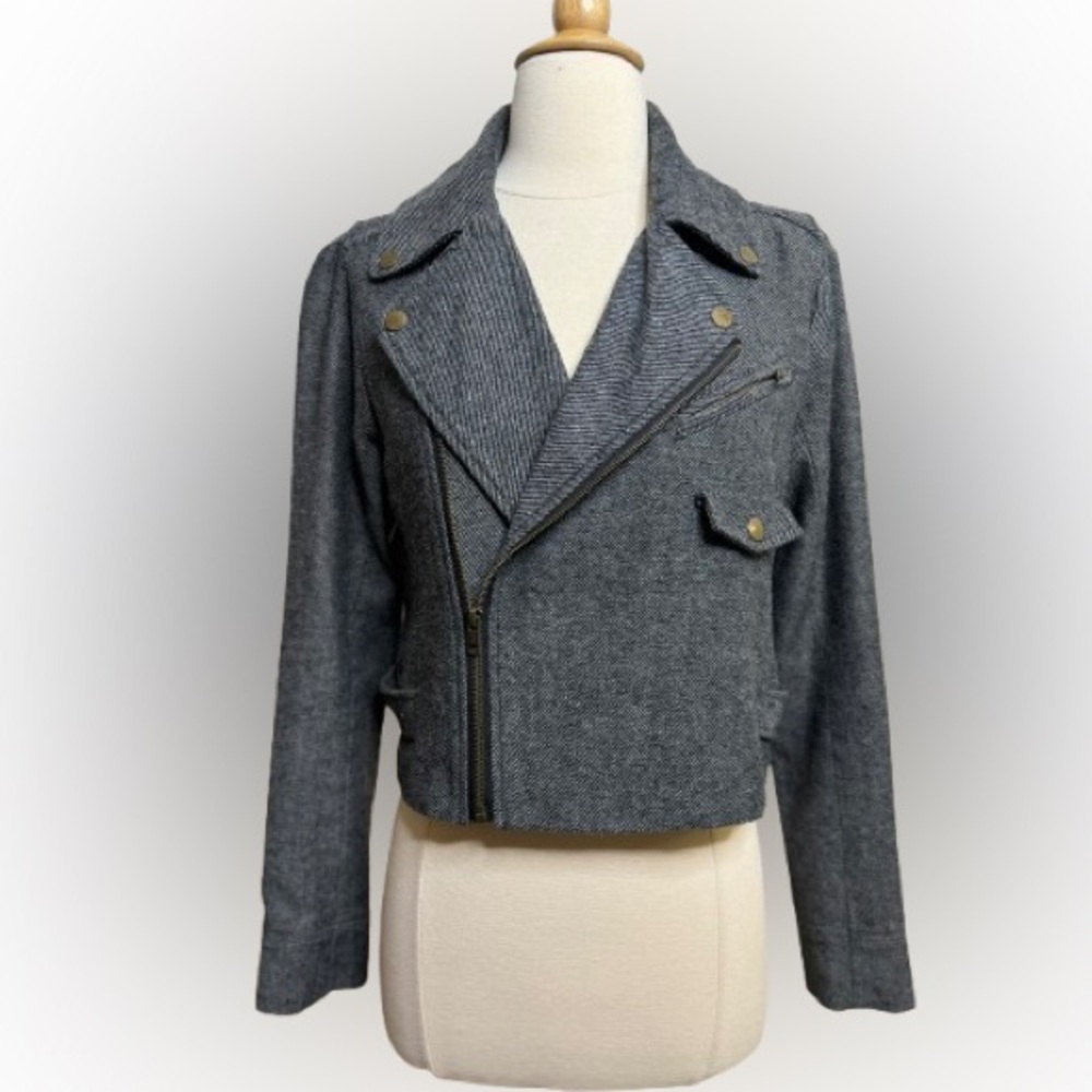 Grey moto zip up jacket with button-up collar